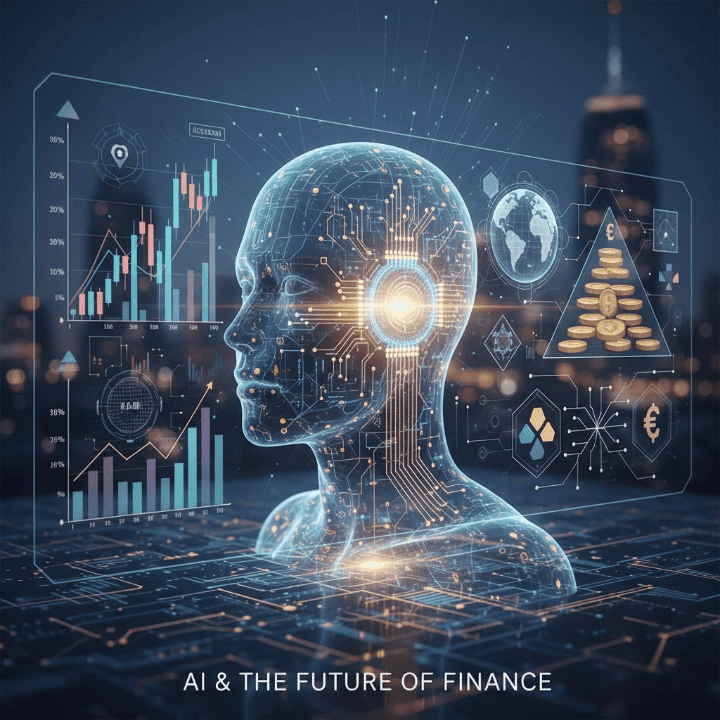 A visual representation of AI transforming wealth management, with elements of financial data, cryptocurrency symbols, and robotic precision, set against a backdrop of global market trends.