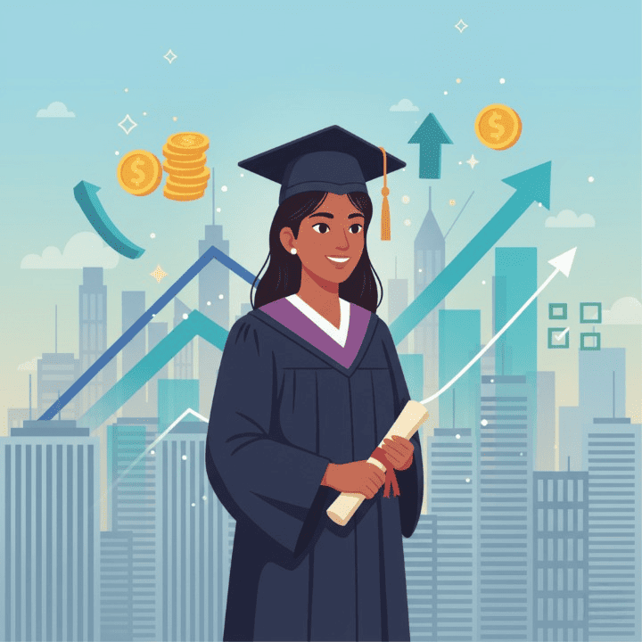 A confident MBA graduate looking at a city skyline, symbolizing career success and a high return on investment from an M7 MBA program.