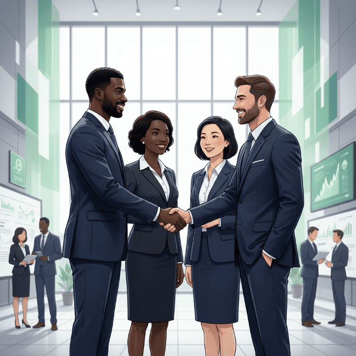 Professionals networking in a modern business school, symbolizing top MBA programs in Nigeria for executive leadership.