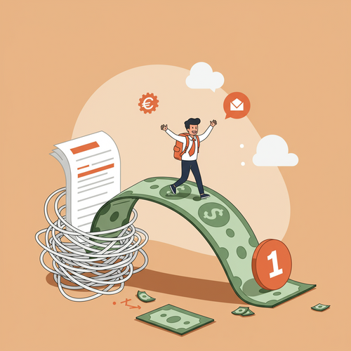 A flat design illustration of a happy student walking on a bridge made of money, symbolizing lower student loan payments after refinancing. The student character is leaving behind a pile of complex loan documents. The image conceptually represents the benefits of a Student Loan Refinancing Guide.