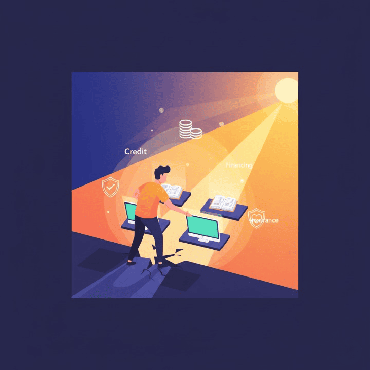 A square illustration of a person building a bridge to a new career using free courses after a layoff. The image symbolizes resilience, upskilling, and taking control of one's financial future with the help of credit and insurance knowledge.