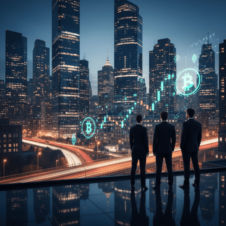 A vibrant cityscape illustrating the financial district with prominent skyscrapers, symbolizing high finance. Silhouettes of ambitious young professionals are visible in the foreground, looking towards the bustling financial hub, conveying ambition and success in investment banking.