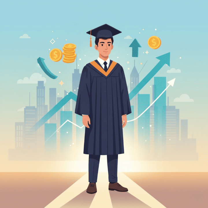 A triumphant engineering graduate looks towards a bright future, symbolized by a city skyline and financial charts, representing a six-figure salary and successful financial planning.