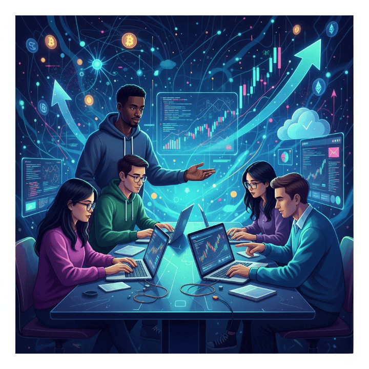 A group of diverse students learning data science on laptops, surrounded by abstract data visualizations and financial market elements, representing career growth and opportunities in high-paying data science jobs.