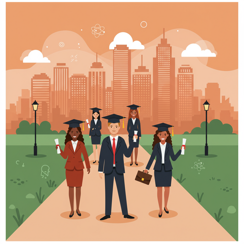 Flat design illustration of diverse young graduates from top Nigerian universities, dressed in business attire, confidently walking towards a cityscape representing high-paying finance careers. They hold diplomas, embodying success and opportunity in the finance sector.