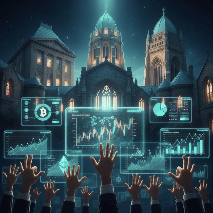 Hands reaching for financial data on screens with university buildings in the background, symbolizing advanced free financial courses from Wharton, Harvard, and Yale.