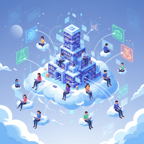 A diverse group of learners studying online through laptops and tablets, surrounded by icons of education, technology, and personal growth.