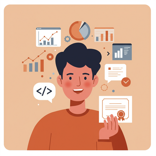A flat design illustration showing a happy character learning about data science and machine learning. Around the character are stylized icons of data graphs, code, and a certificate. The illustration uses warm earth tones and soft blues, focusing on the concept of gaining knowledge through free data science and machine learning courses.