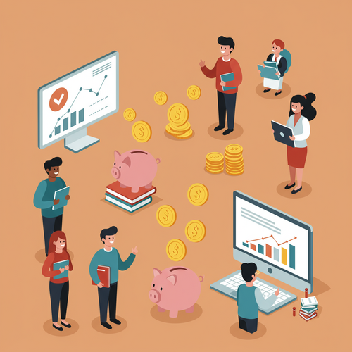 A flat design illustration of diverse university students smiling as money, represented by coins and dollar signs, passively flows into their piggy banks and digital devices, symbolizing passive income for university students. The style is cartoonish with clean lines and a warm, muted color palette.