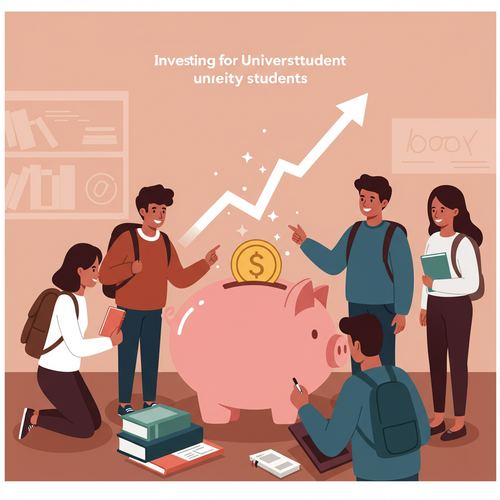 Flat design illustration of diverse university students looking at a growth chart symbolizing investing for university students and financial growth, with a piggy bank in the foreground. The style is cartoonish with clean lines and a limited, warm color palette.