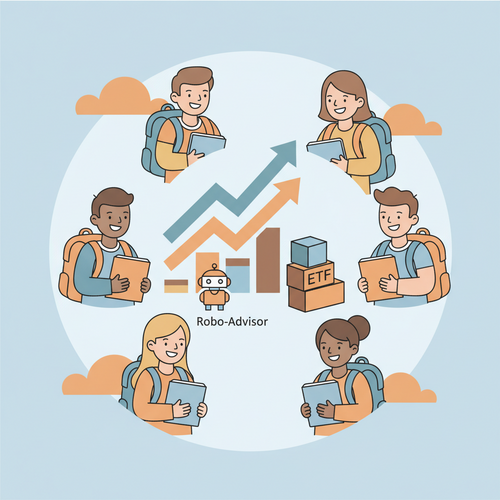 A flat design illustration of diverse university students smiling and looking at a growing investment portfolio graphic. There are subtle icons representing robo-advisors and ETFs. The scene conveys learning about building a a university student investment portfolio and financial growth.