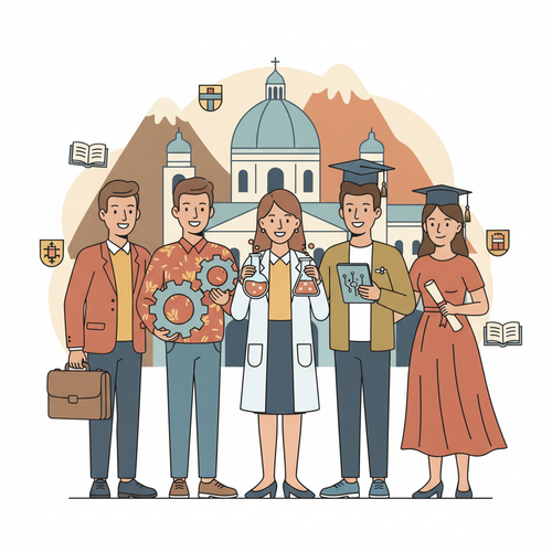 Flat design illustration of diverse international students, some holding books and laptops, standing in front of iconic Austrian landmarks like mountains and historic buildings, with university symbols subtly integrated. The style is cartoon, with clean lines and a limited color palette of warm earth tones, soft blues, and muted oranges. Focus keyphrase: Austrian Universities for International Students Business STEM.