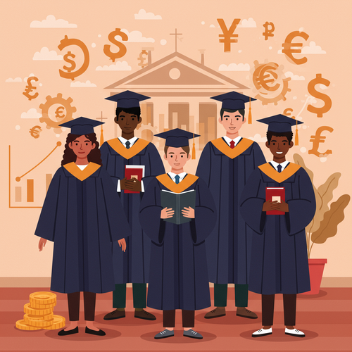 Flat design illustration of diverse students in academic attire, set against a backdrop of Austrian university architectural elements and abstract financial and economic symbols, representing the best Austrian universities for Economics and Finance Master's.