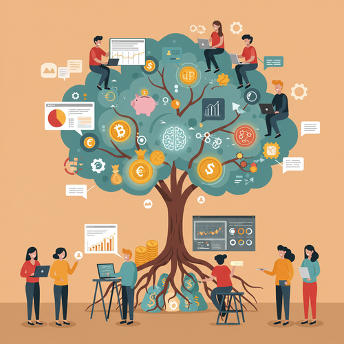 A flat design illustration depicting a diverse group of friendly, cartoon-style people learning about financial technology. Some hold laptops displaying code and charts, while others point at a conceptual glowing tree representing the growth of FinTech. This image highlights the journey of learning about Free Algorithmic Trading FinTech Courses.