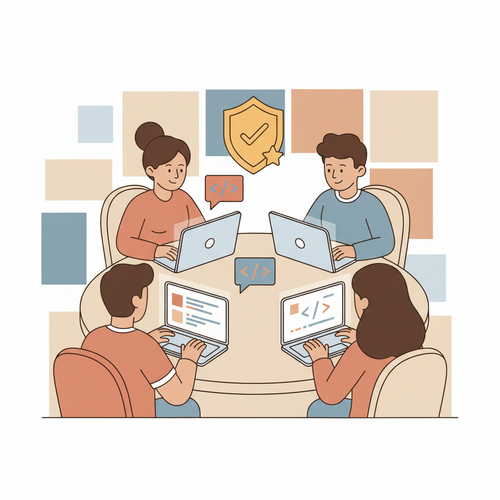 Flat design illustration depicting diverse cartoon characters collaborating on computers, with glowing code and a prominent verified certificate icon, representing free online coding bootcamps with verified certificates.
