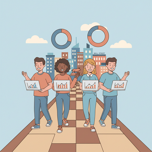 Flat design illustration of students with laptops and financial charts on a path to a cityscape, representing the journey through Best Quant Master's Programs to Wall Street.