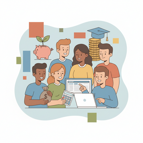 A flat design illustration showing diverse college students actively engaging in college student budgeting. One student holds a piggy bank with a growing plant, another points to a budget on a laptop, and a third holds a small stack of coins. The image features clean lines and a limited color palette of warm earth tones, soft blues, and muted oranges, conveying a friendly and educational tone about saving money in college.