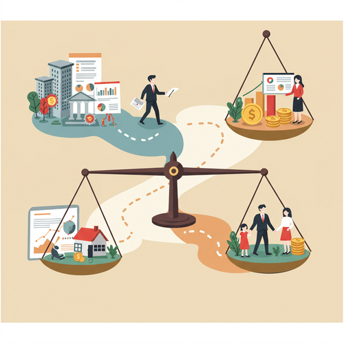 Flat design illustration comparing Corporate Finance and Financial Planning career paths, showing different symbols and their potential for higher pay, with the focus keyphrase Corporate Finance vs Financial Planning Salary.