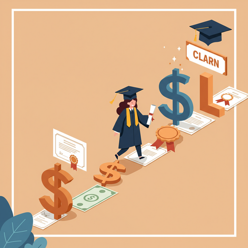An illustration in flat design of a happy student in a graduation cap walking confidently on a path of money and scholarship certificates, symbolizing the journey to graduate university debt-free.