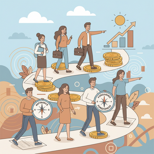 Flat design illustration of diverse people managing student loans. They are walking on a path of money and documents, looking at options like refinancing and forgiveness, heading towards a clear financial future. The image has a friendly cartoon style, clean lines, and a limited color palette, emphasizing the topic of manage student loans.