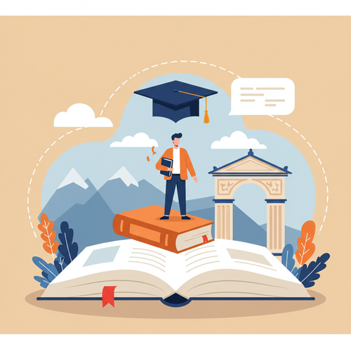 A flat design illustration of a student with a backpack and a graduation cap, standing on an open book. In the background are faint outlines of Austrian mountains and classical architecture. The scene conceptually represents the journey to study in Austria for free through scholarships and grants.