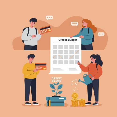A flat design illustration showing university students engaging in financial activities. One student holds a student credit card, another reviews a budget on a tablet, and a third tends to a plant representing a growing credit score. The image depicts How University Students Build Credit and manage their finances responsibly.