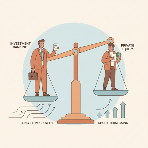 A flat design illustration showing two professional figures, one representing investment banking and the other private equity, comparing compensation on a stylized financial scale. The image uses warm earth tones and soft blues and features clean lines and friendly, approachable characters.