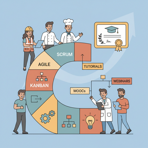A flat design illustration shows diverse professionals building a bridge with blocks, representing various free project management courses and methodologies. The bridge leads to a PMP and Agile certification icon, emphasizing career advancement through free project management courses.