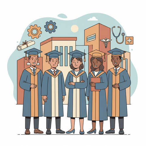 Flat design illustration of diverse Nigerian students in academic gowns, with engineering and medicine symbols, celebrating their achievement at a university. This image represents the Best Federal Universities in Nigeria for