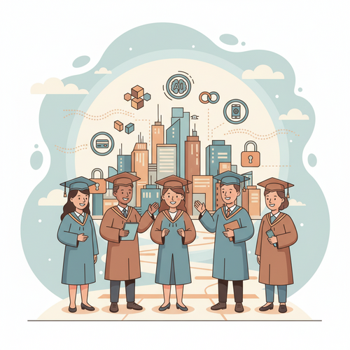 Flat design illustration of finance graduates on a digital roadmap, looking at a futuristic city representing Fintech Emerging Trends for Finance Graduates, with blockchain, AI, and digital payment icons. The style is cartoonish with clean lines and a warm, muted color palette.