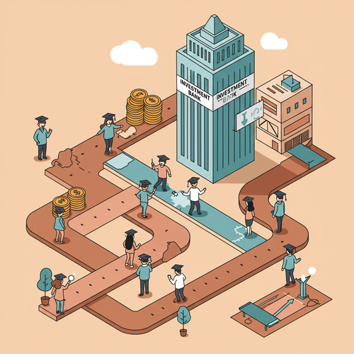 Flat design illustration of diverse cartoon graduates in caps following different pathways on a roadmap leading to a tall investment banking skyscraper. The image concept represents MBA Programs for Investment Banking and the various routes to success in the industry, in a modern, friendly style.