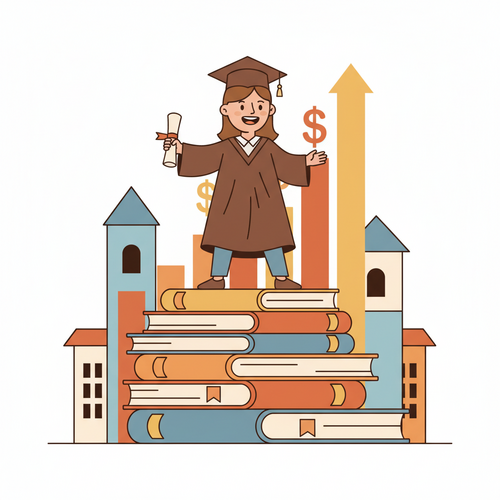 A flat design illustration of a graduate, representing a student, standing confidently with a diploma and graduation cap, symbolizing the completion of their engineering degree. Behind them are upward-trending bar charts and abstract university buildings, alluding to high starting salaries and career growth. The image uses a limited color palette and clean lines, focusing on the strong ROI of top US engineering universities.