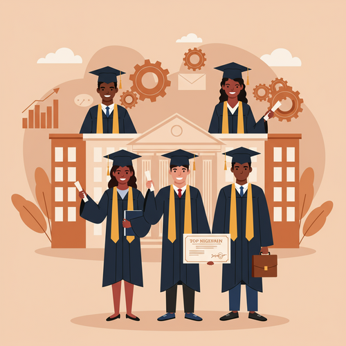 Flat design illustration of diverse students in graduation caps holding diplomas, standing in front of abstract university buildings. The image conceptually represents the excellence of Top Nigerian Universities for Business Administration and Accounting, with a focus on education and career readiness.