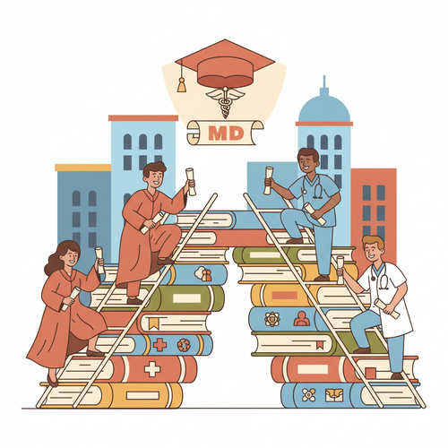 Flat design illustration of diverse students ascending a ladder of books towards a graduation cap, representing the journey through top Nigerian universities for medicine, with stylized university buildings in the background.