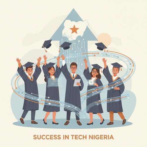 Flat design illustration of diverse graduating students in caps and gowns, celebrating with abstract tech elements and circuits in the background, symbolizing successful completion of Computer Science programs at Top Private Universities Nigeria Computer Science.