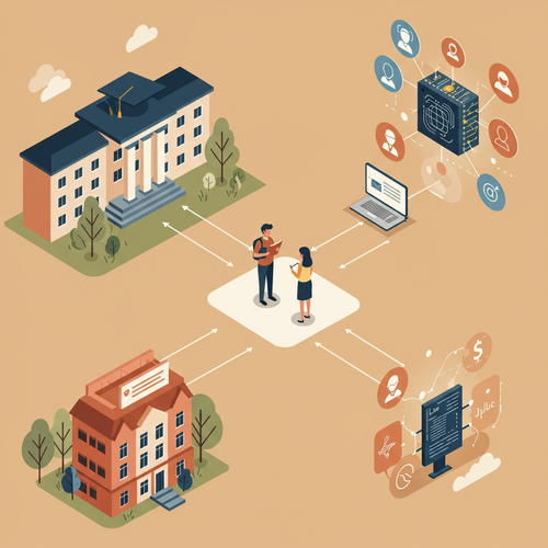 Flat design illustration of a student on a path leading from prominent university buildings towards symbols of high-paying tech jobs, emphasizing the journey through top US Computer Science Universities AI Jobs.