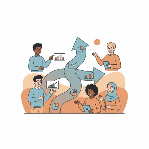 Flat design illustration of finance students learning about an abstract flowing arrow representing Financial Derivatives Explained, with charts and graphs. Characters are friendly and approachable.
