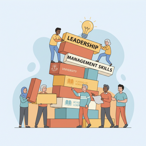 A flat design illustration depicting a diverse group of professionals collaboratively building a structure with knowledge blocks and subtle university logos, symbolizing the acquisition of free online leadership and management courses.