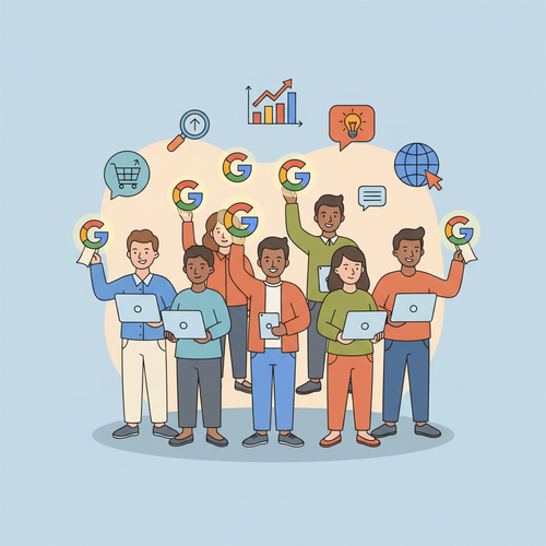 Illustration of diverse individuals happily holding up glowing Google certification badges for digital marketing and e-commerce, reflecting achievement and new skills from the best free Google certifications.