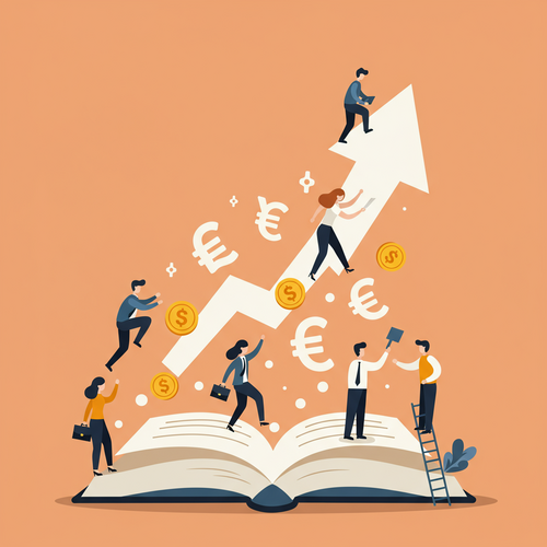 A flat design illustration showing diverse characters climbing an upward-pointing arrow made of abstract financial symbols, emerging from a book. This represents the career progression and the enduring value of an MBA Finance Worth in a dynamic financial landscape.