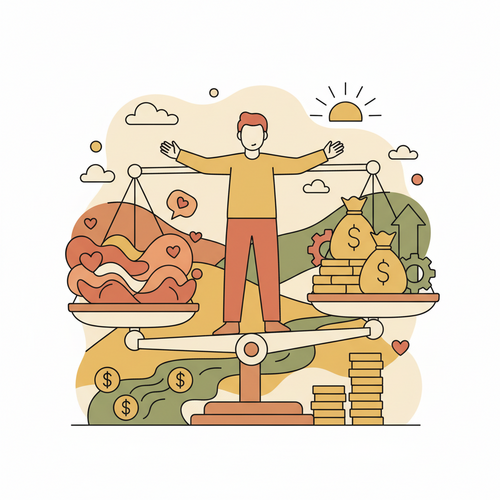 A flat design illustration representing behavioral finance, showing a person balancing emotional and logical investment decisions on a scale.