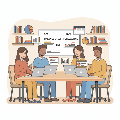 An illustration in flat design style showing diverse finance majors learning and practicing financial modeling for beginners on laptops, surrounded by charts and financial data.