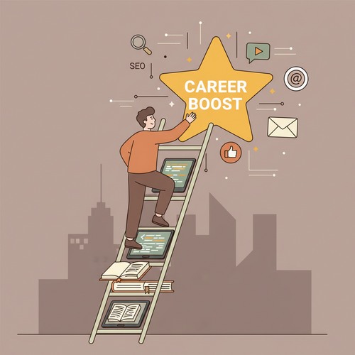 Illustration of a person climbing towards career success using free digital marketing certifications as steps.