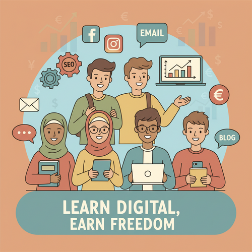 A flat design illustration showing a diverse group of students actively engaged in learning digital marketing on laptops and tablets, with money symbols and upward-trending graphs floating around them, representing financial independence and career growth from free digital marketing courses for freelancers. The style is clean, friendly, and uses warm earth tones and soft blues.