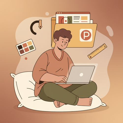 Illustration of a person learning graphic design with free courses, building their portfolio with Canva and Adobe tools.