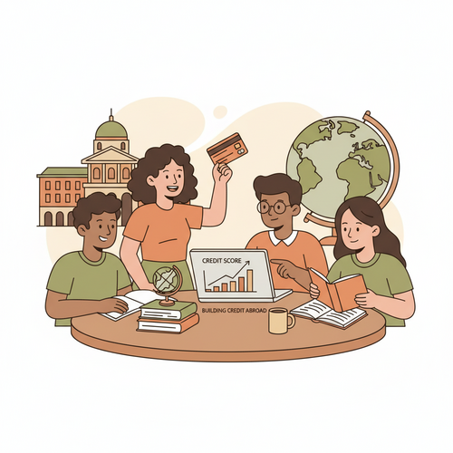 Illustration of international students learning how to build a strong credit score, with credit cards and financial documents.