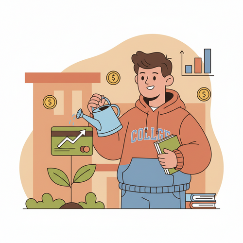 Flat design illustration of a college student watering a plant shaped like a credit score graph, symbolizing how to build strong credit score college. The student has a friendly expression and is surrounded by college and financial elements.