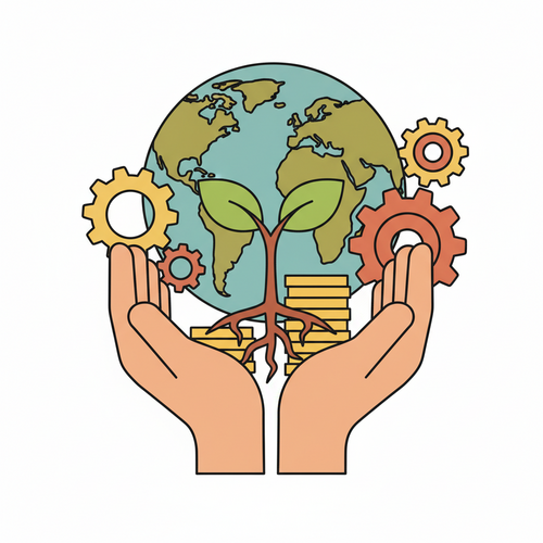 A flat design illustration representing ESG investing, with hands nurturing a plant growing from coins, symbolizing sustainable finance and ethical investment for beginner investors.