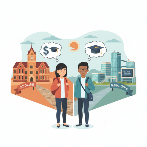 Flat design illustration of two international students, one male and one female, standing at a crossroads. One path leads to a prestigious, older university building, representing Ivy League, while the other leads to a modern, sprawling campus, representing a state university. Thought bubbles above their heads show dollar signs and graduation caps, symbolizing the choice between cost and educational return on investment. The illustration uses a limited color palette of warm earth tones, soft blues, and muted oranges, in a cartoon style with clean lines and minimal shading, highlighting the University ROI International Students decision.