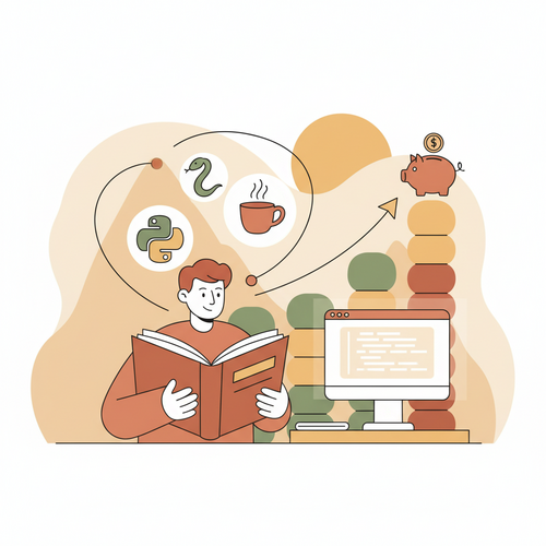 Illustration of a person learning to code for free with Python and Java, representing accessible education.